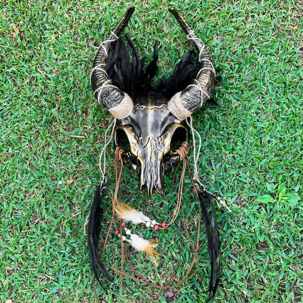 Devil Skull Black Gold Goat Horned Masquerade Halloween Party Costume Mask